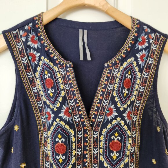 Anthropologie Emelia Navy Sleeveless Embroidered Peplum Top Boho Summer Pretty - Picture 3 of 11
